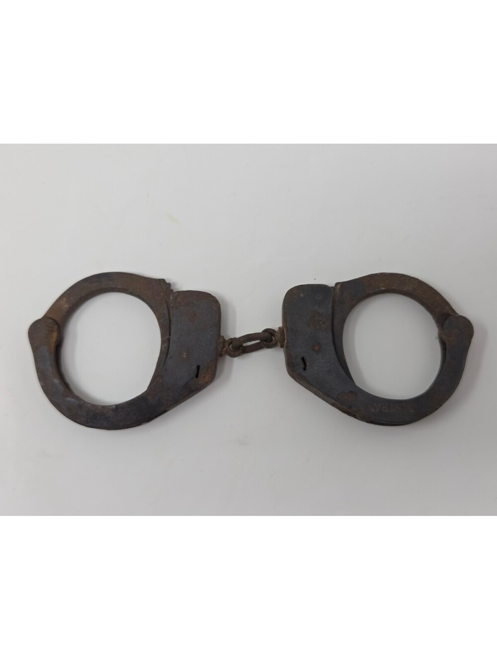 Vintage Chain Linked Iron Handcuffs Marked Astra Spanish Made Prison Restraints